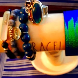 Faith, Blessed.. Blue hues. 3 stretch Bracelets, 1 wrap and Ring.